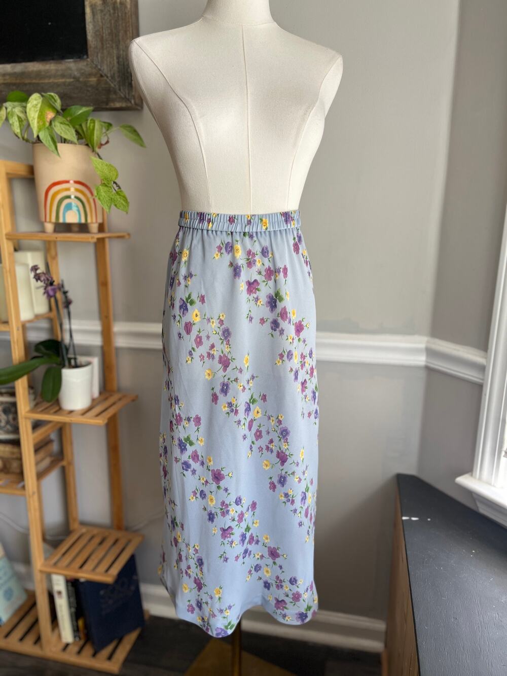 Vintage 90s Periwinkle Floral Skirt Midi Blue Size Large